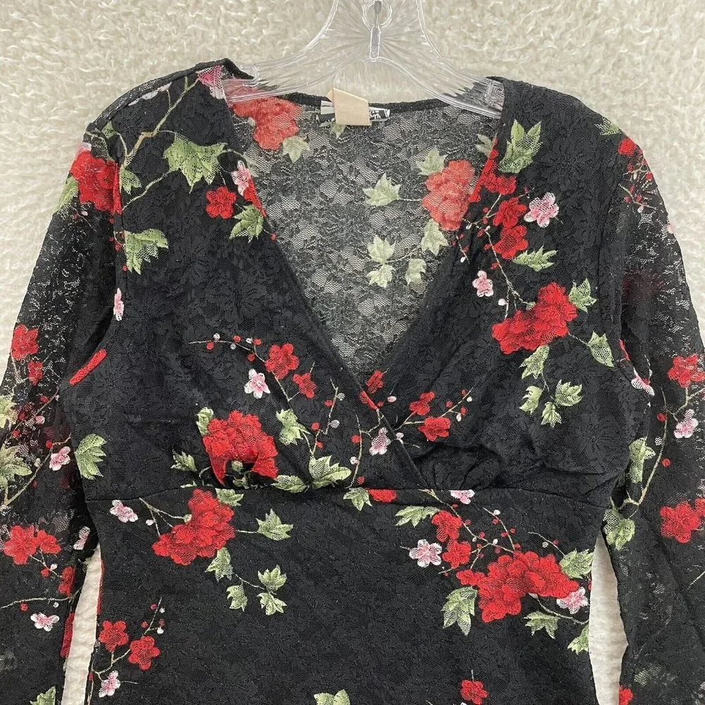 90s Y2K Vintage Fashion Bug Black Rose Floral Sheer Lace Top M L Medium Large - Picture 3 of 9